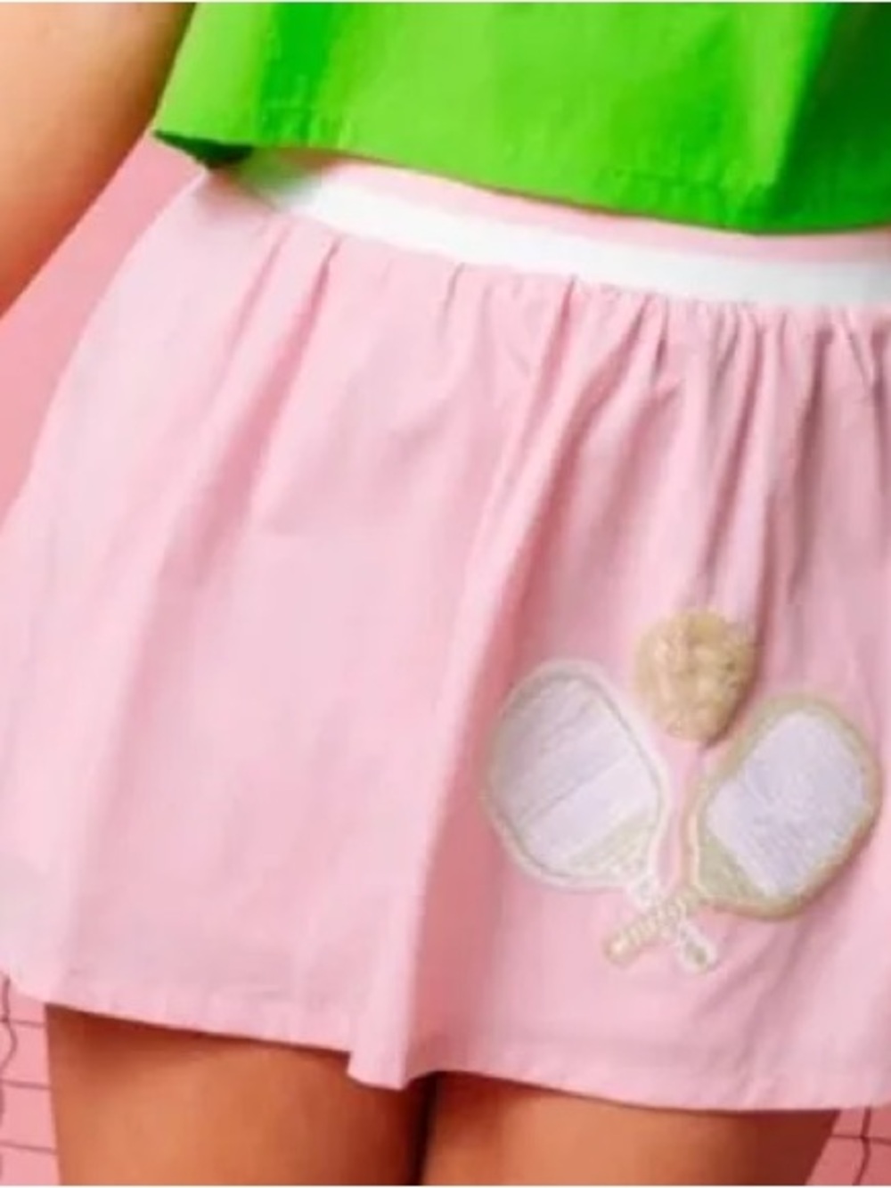 QUEEN OF SPARKLES Pink Mini Skort with Green Waistband Pickleball